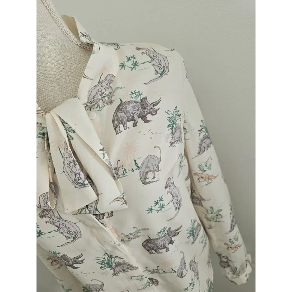 Modcloth Dinosaur Animal Print Miss Frizzle Ivory Bow Tie Button Up Blouse S Top - Picture 3 of 11